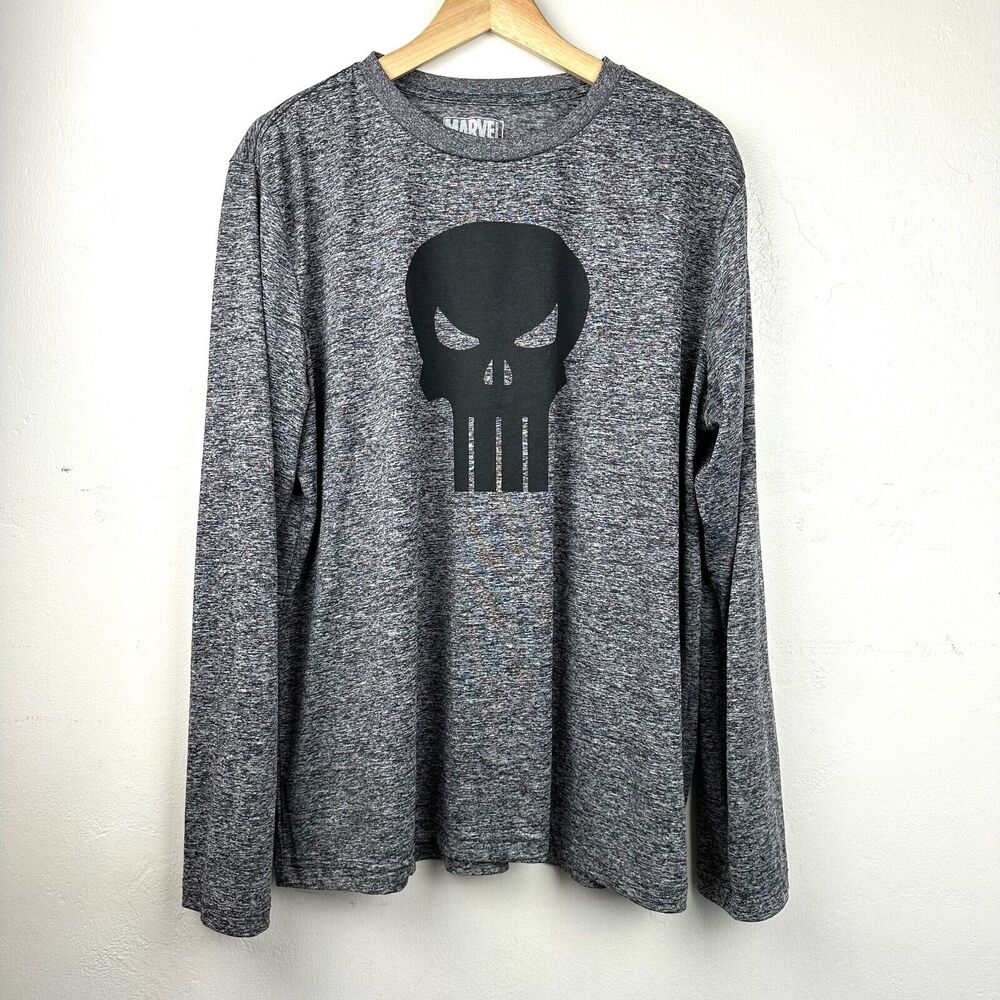 Marvel Punisher Shirt Mens XL Gray Heather‎ Long Sleeve Performance Graphic Tee